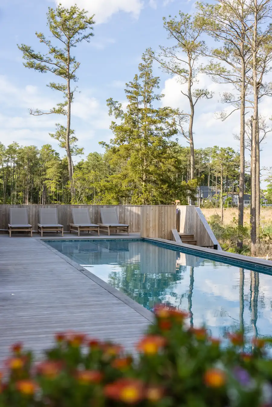 Backyard pool and lot layout at a Bay Pines custom home