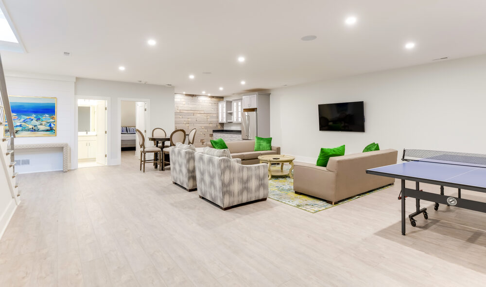 Finished coastal living room in a completed Seabreeze custom home
