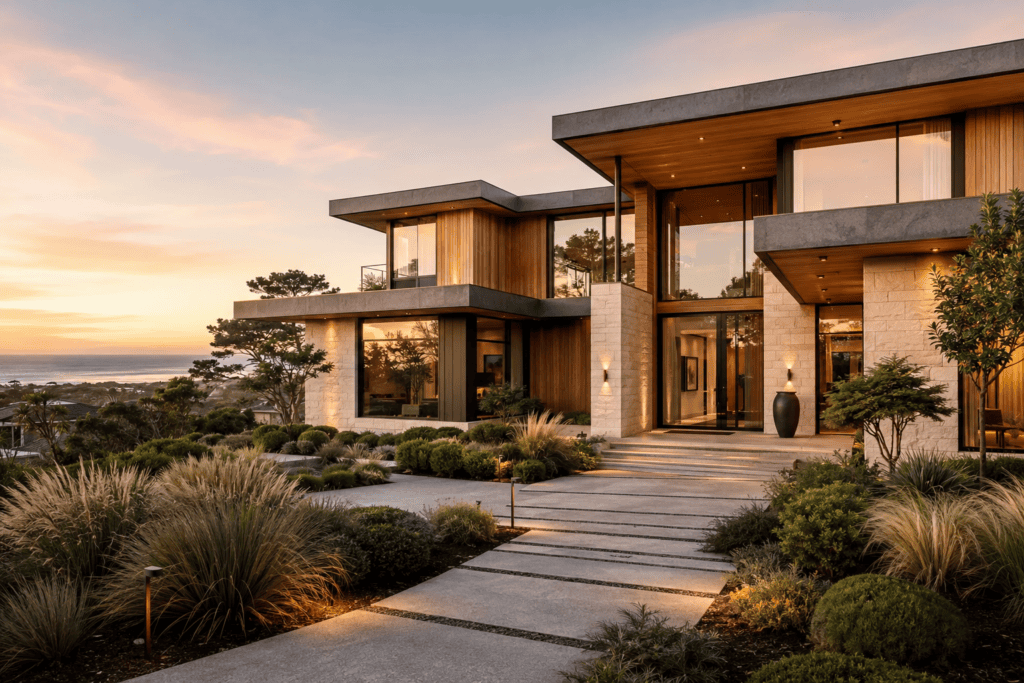 Modern custom-built coastal home with wood and stone exterior overlooking the ocean at sunset in Rehoboth Beach, Delaware
