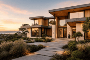 Modern custom-built coastal home with wood and stone exterior overlooking the ocean at sunset in Rehoboth Beach, Delaware