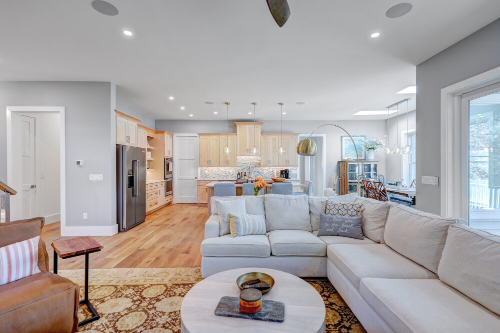 Finished coastal living room in a completed The Glade custom home