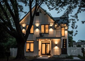Coastal modern custom home at dusk in Delaware, designed and built by CRx Construction