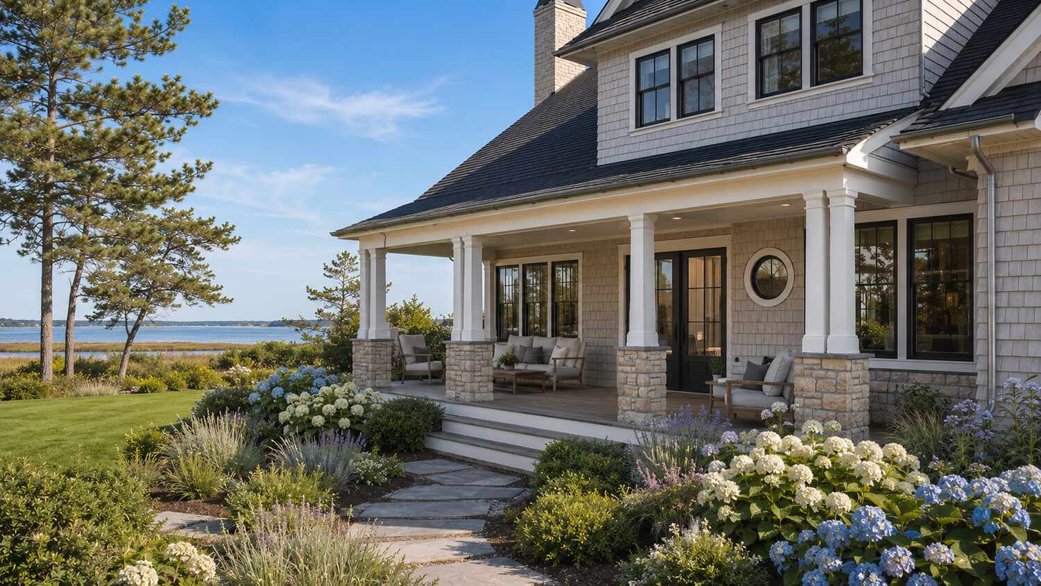 Coastal custom home exterior in Bay Pines showing its lot and setting