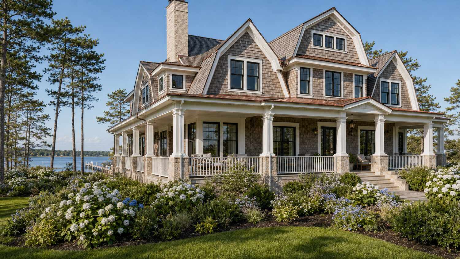 Coastal custom home exterior in Bayfront at Rehoboth showing its lot and setting