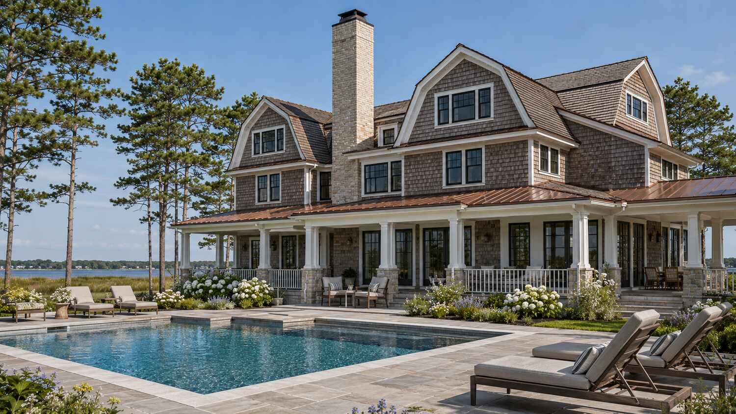 Elevated pool overlooking the Angola at a Bayfront at Rehoboth custom home