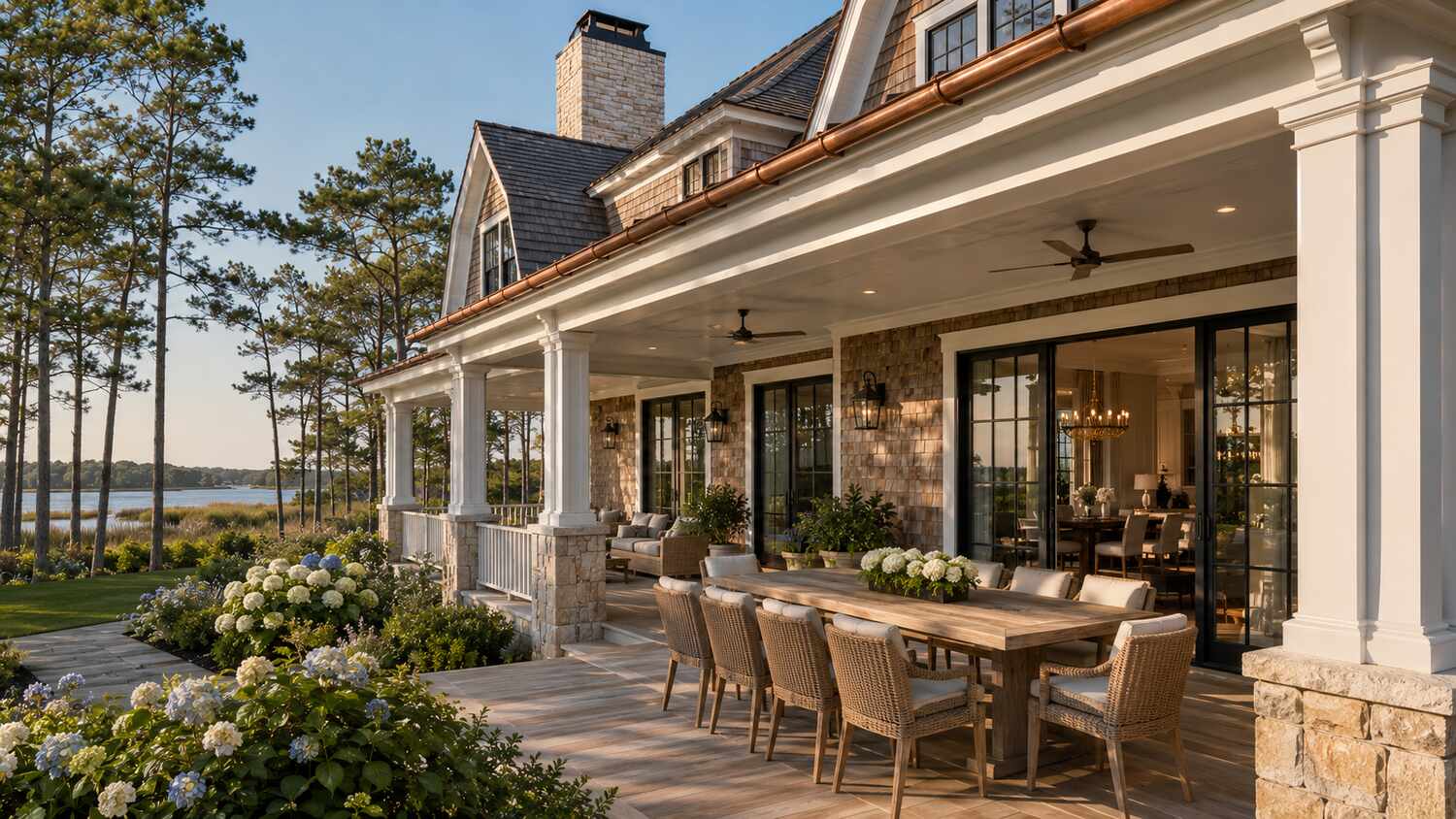 Covered deck and outdoor living at a Bayfront at Rehoboth coastal home