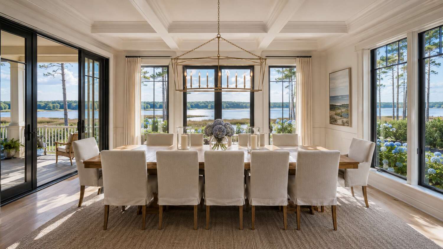 Open living and dining room with water views in a Bayfront at Rehoboth custom home