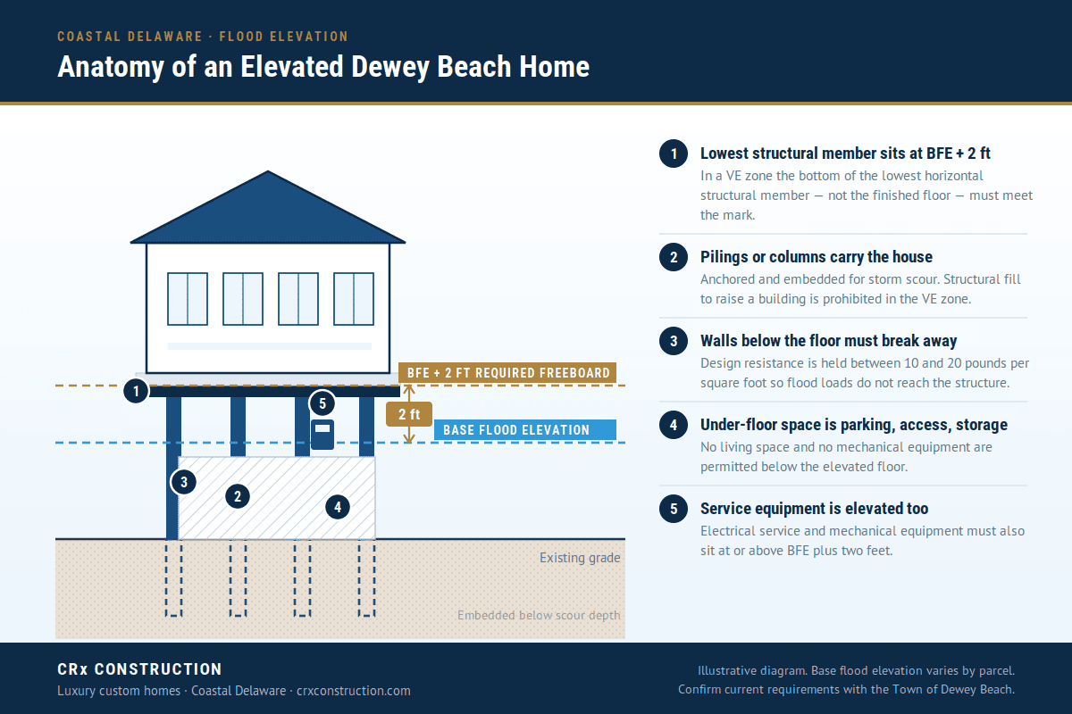 Diagram of an elevated Dewey Beach home showing grade, base flood elevation, two feet of freeboard, breakaway walls and pile foundation