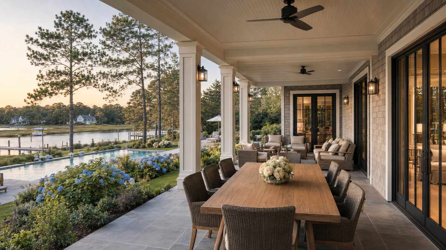 Covered deck and outdoor living at a Canal Corkran coastal home