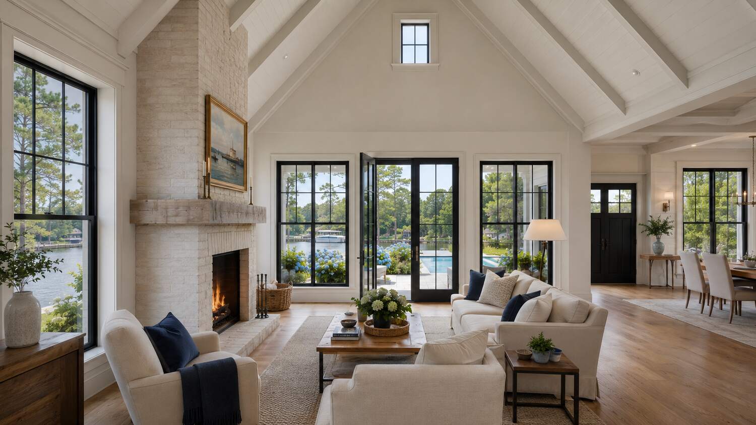 Finished coastal living room in a completed Canal Corkran custom home