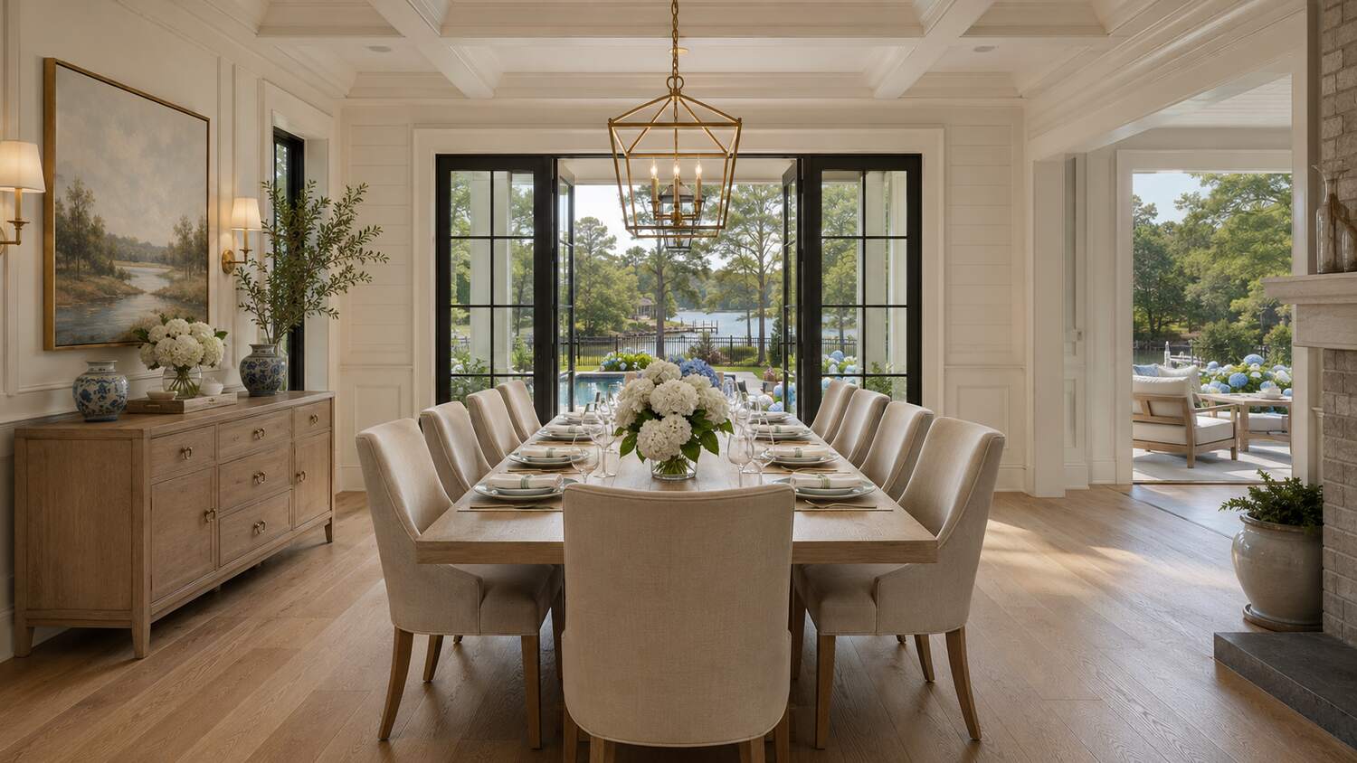 Open living and dining room with water views in a Canal Corkran custom home