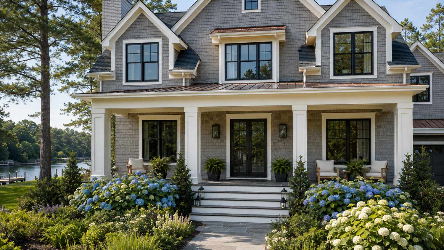 Screened cedar porch at a Canal Corkran coastal home near the water