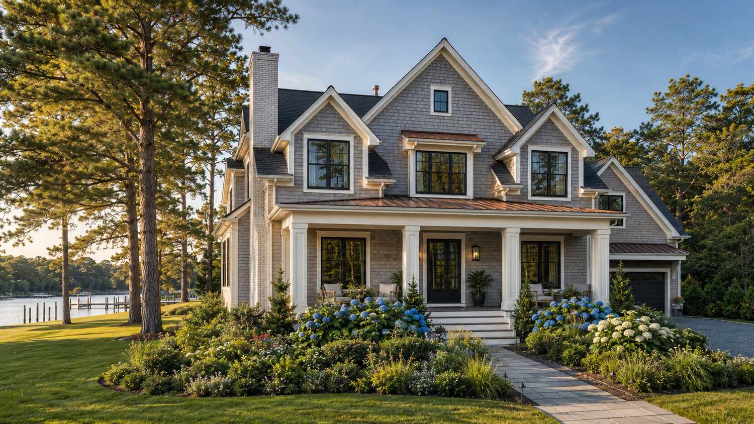 Cedar-shingle custom home built by CRx Construction in Canal Corkran, Delaware