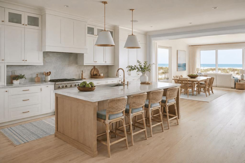 Custom kitchen design with L-shaped layout and island in a coastal Delaware home