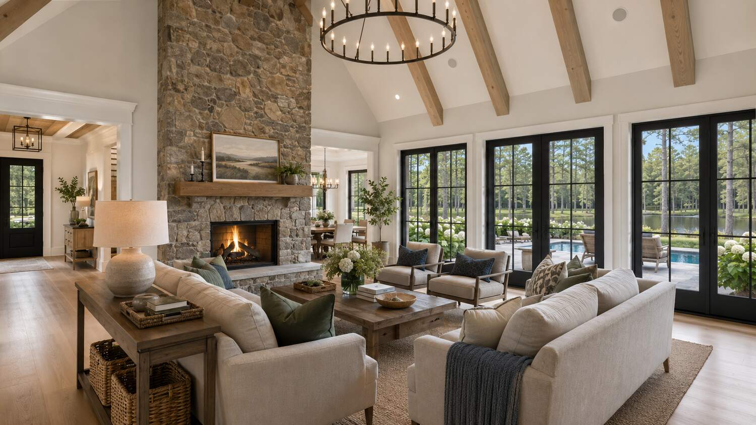 Finished coastal living room in a completed Kings Creek custom home