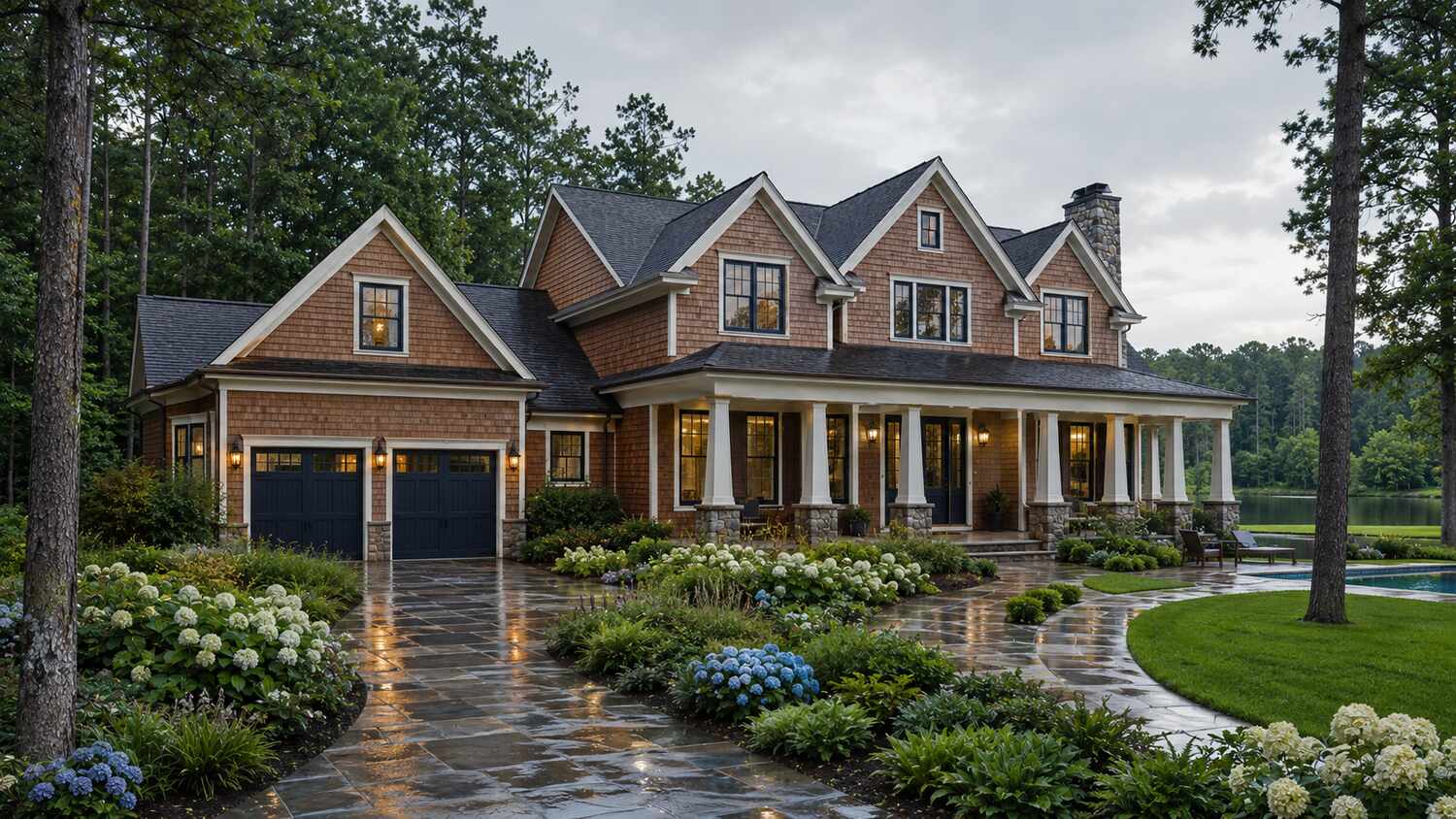 Coastal custom home exterior in Kings Creek showing its lot and setting
