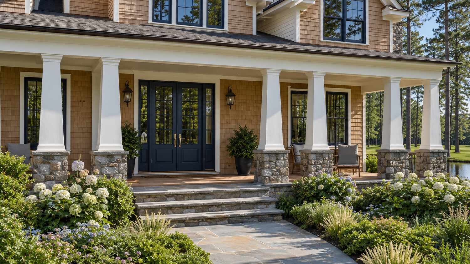 Screened cedar porch at a Kings Creek coastal home near the water