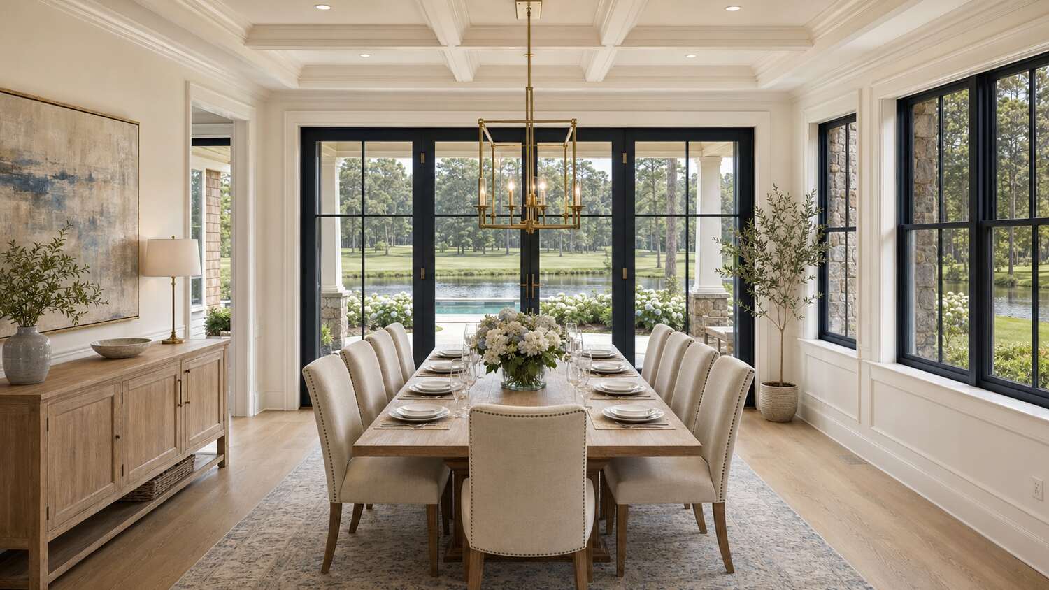 Open living and dining room with water views in a Kings Creek custom home