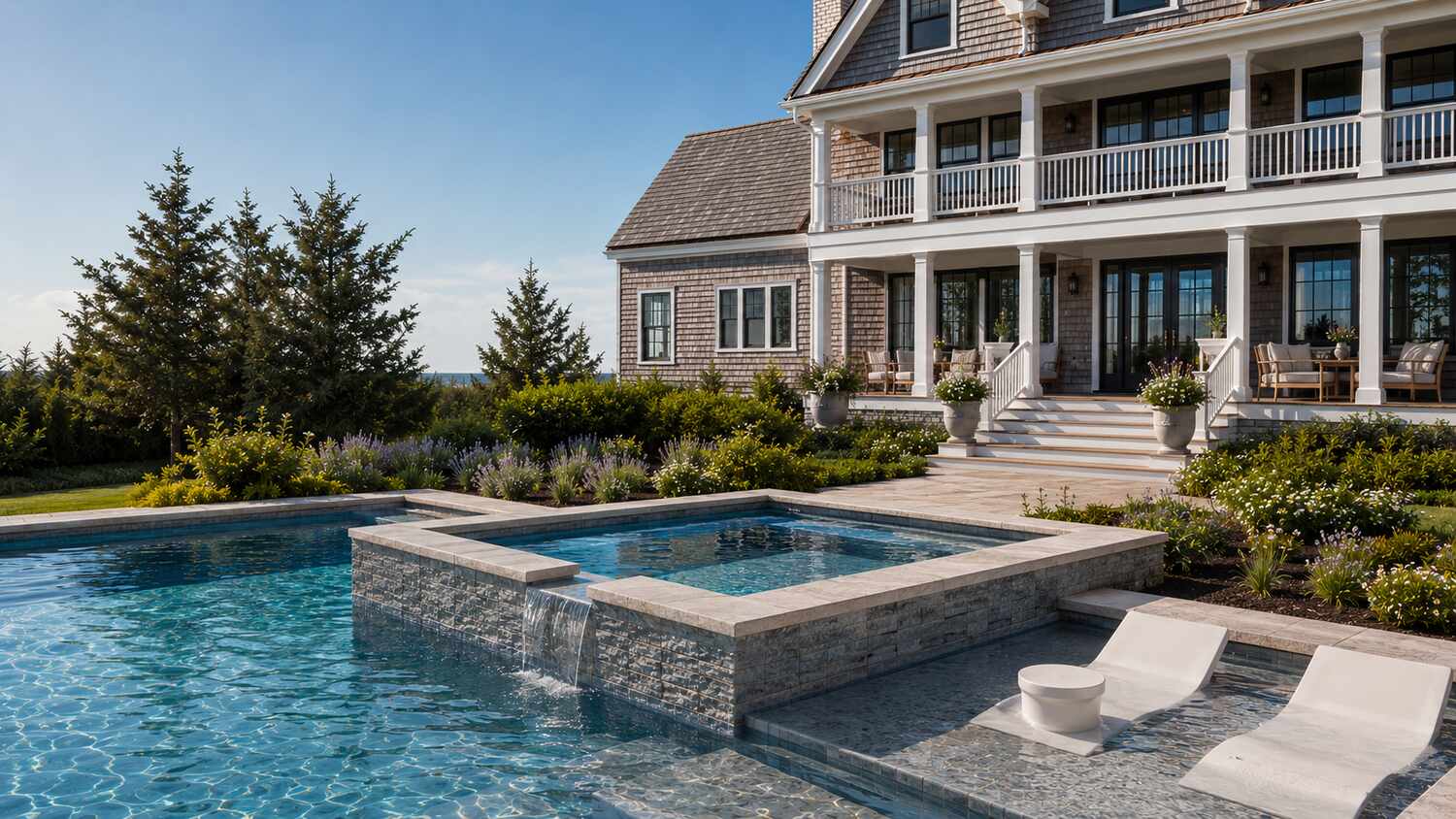 Elevated pool overlooking the Salt Pond at a Middlesex Beach custom home