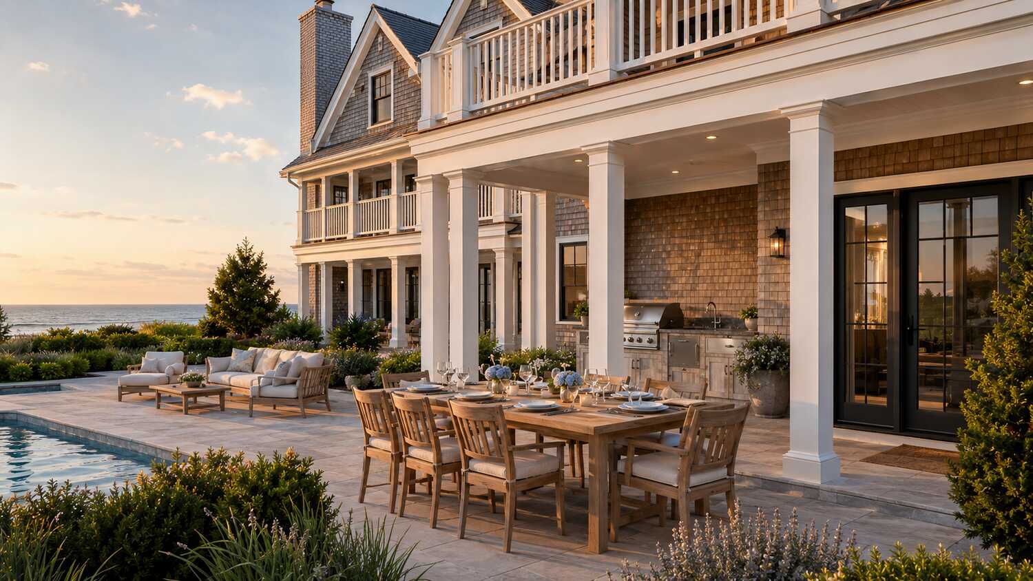 Covered deck and outdoor living at a Middlesex Beach coastal home