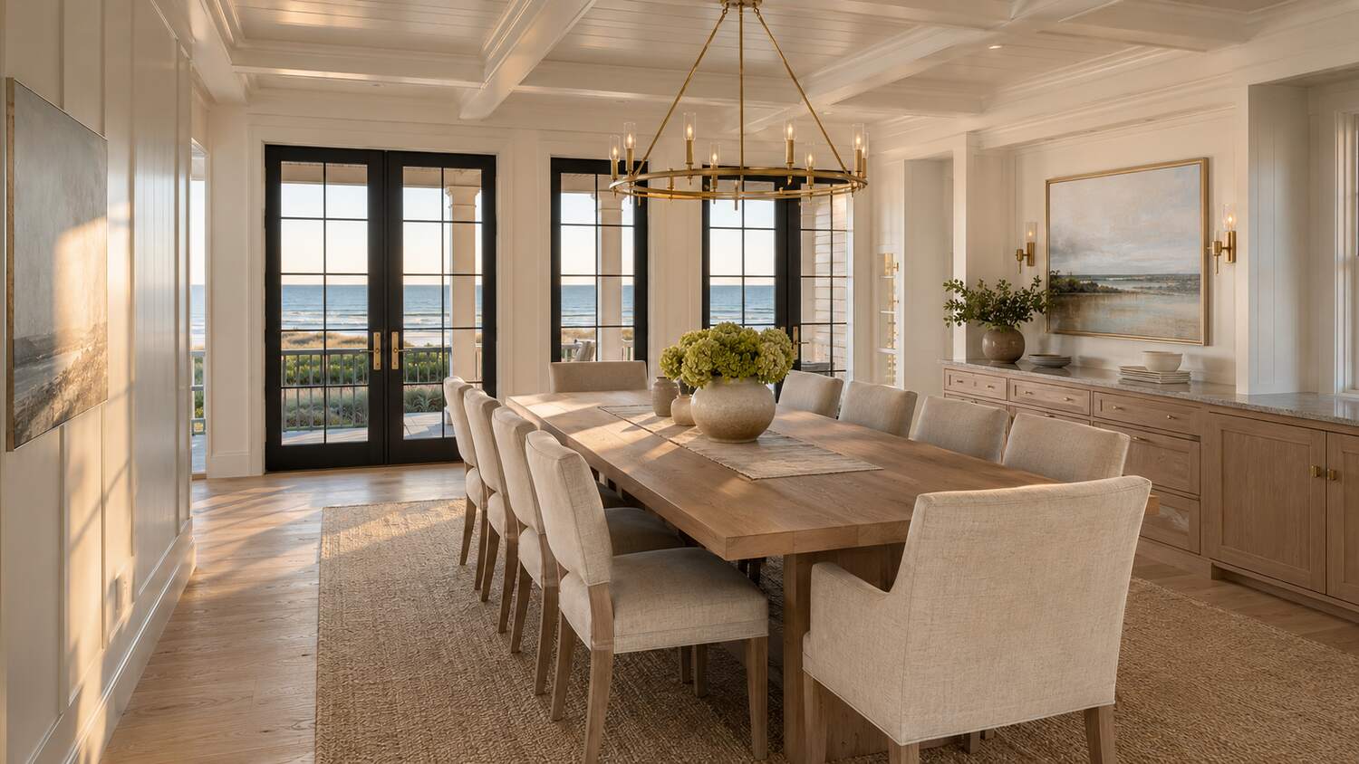 Open living and dining room with water views in a Middlesex Beach custom home