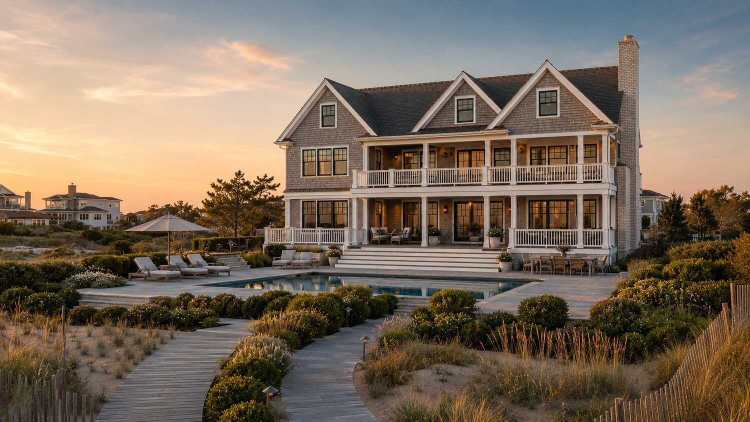 Backyard pool and lot layout at a Middlesex Beach custom home