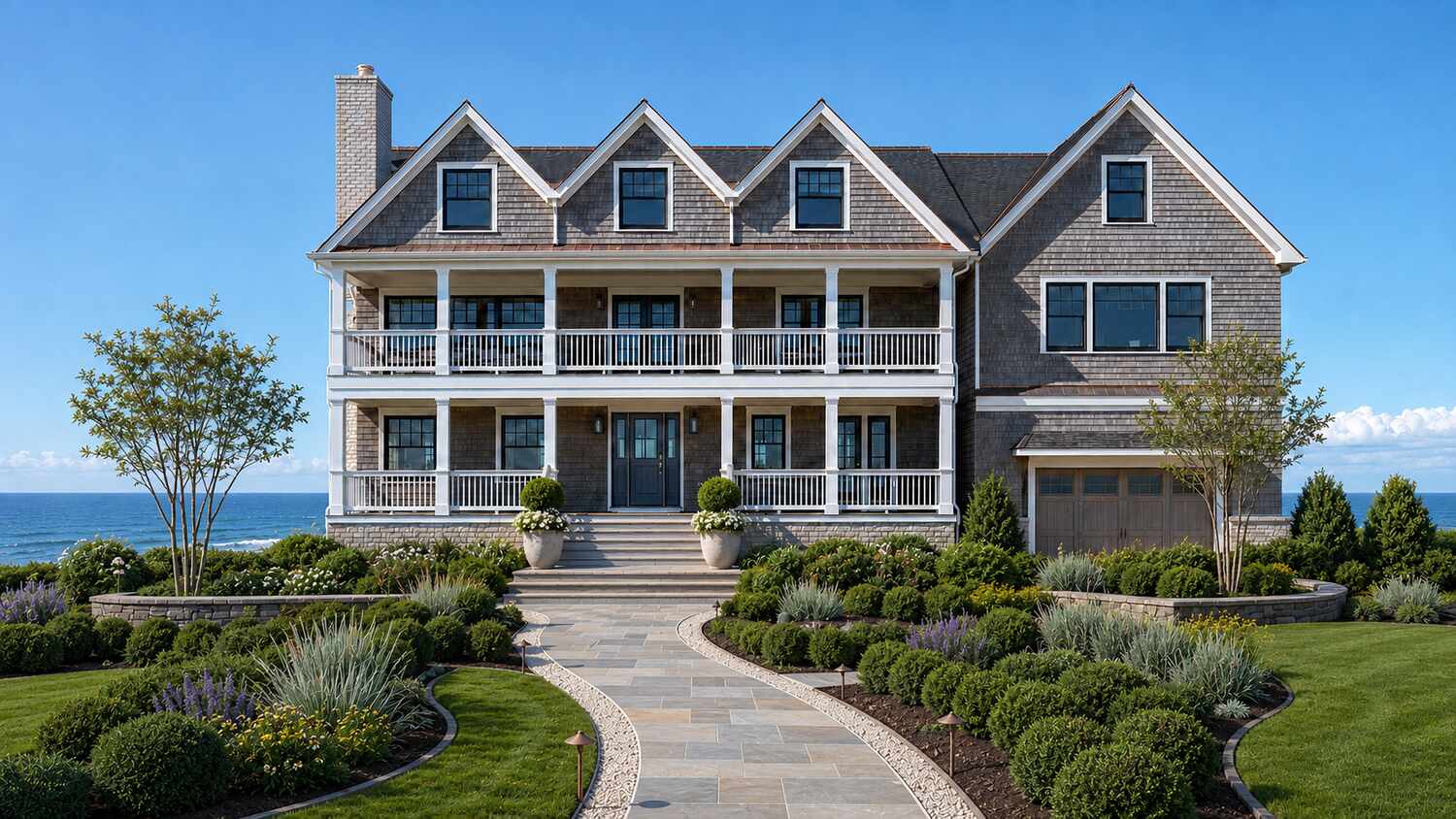 Coastal custom home exterior in Middlesex Beach showing its lot and setting