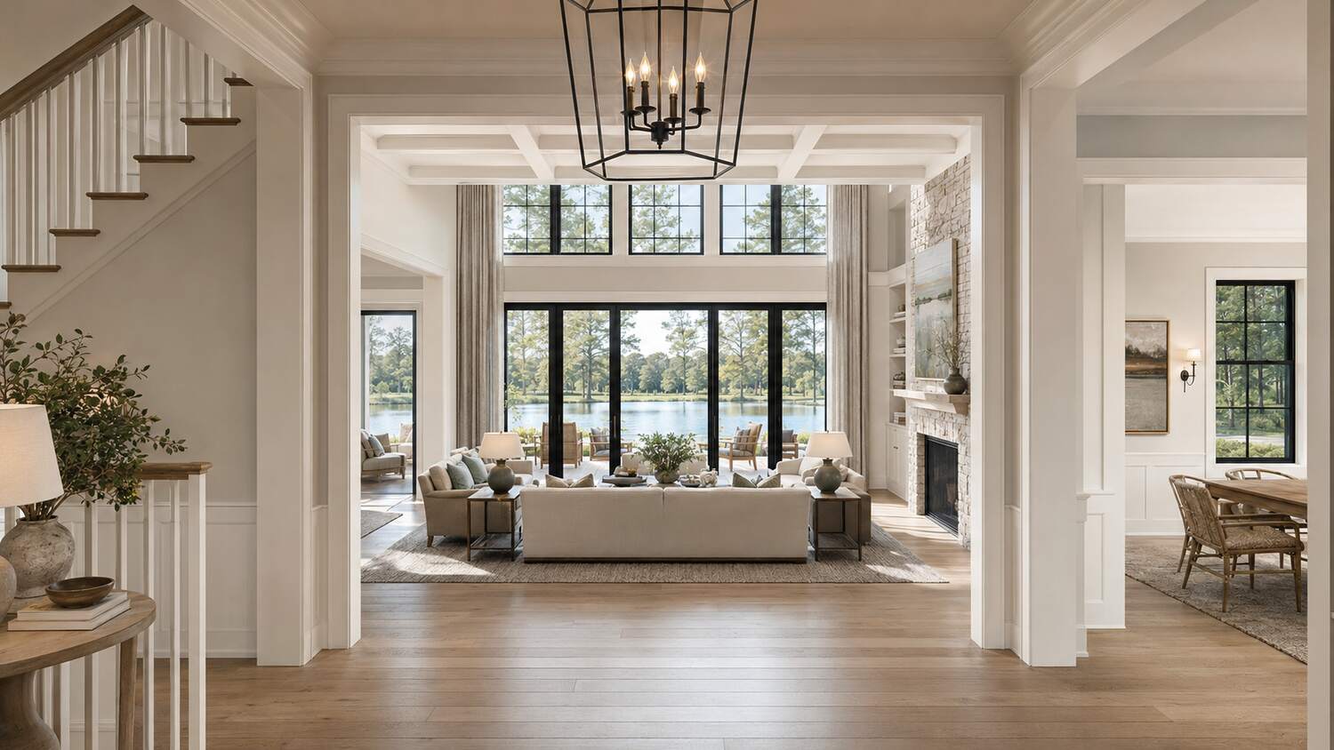 Open living and dining room with water views in a Sawgrass South custom home