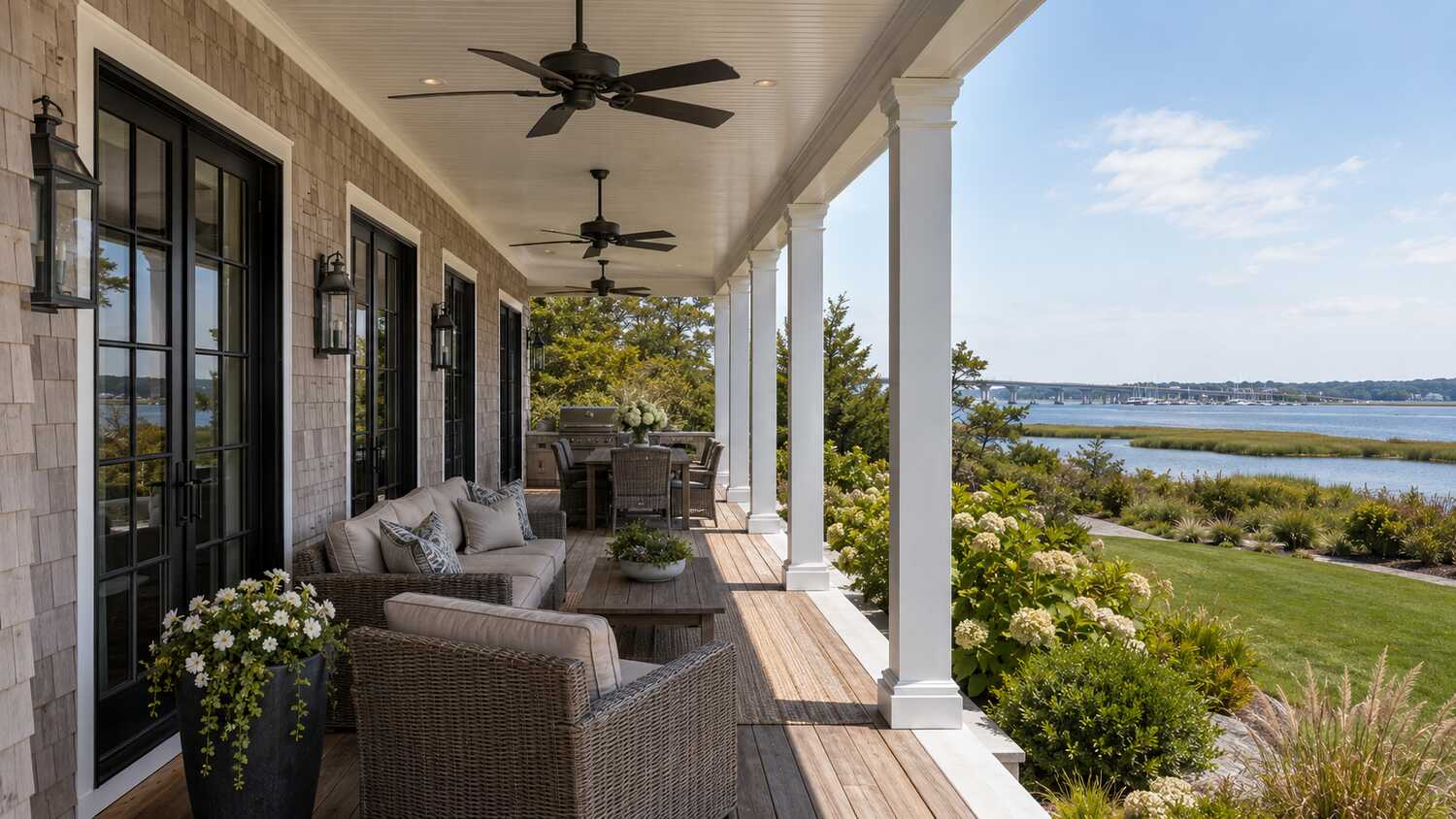 Covered deck and outdoor living at a South Shore coastal home