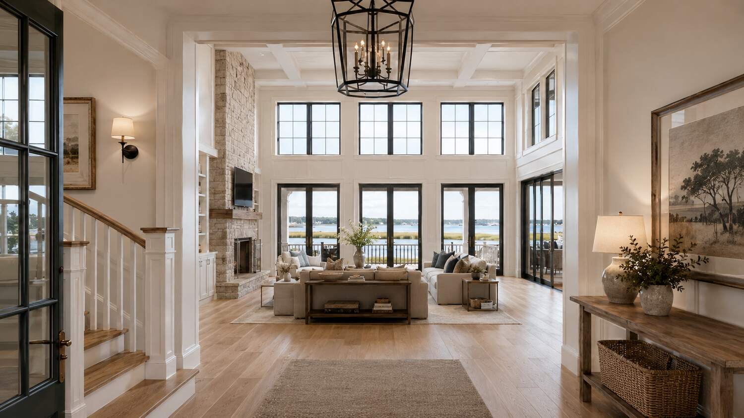 Screened cedar porch at a South Shore coastal home near the water
