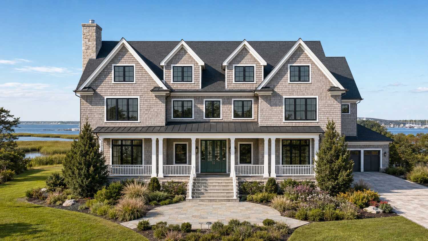 Coastal custom home exterior in South Shore showing its lot and setting