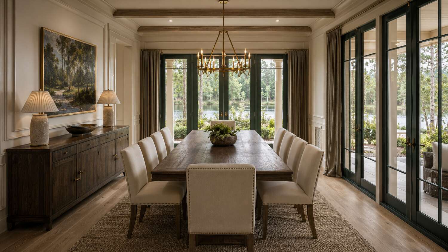 Open living and dining room with water views in a The Sanctuary custom home